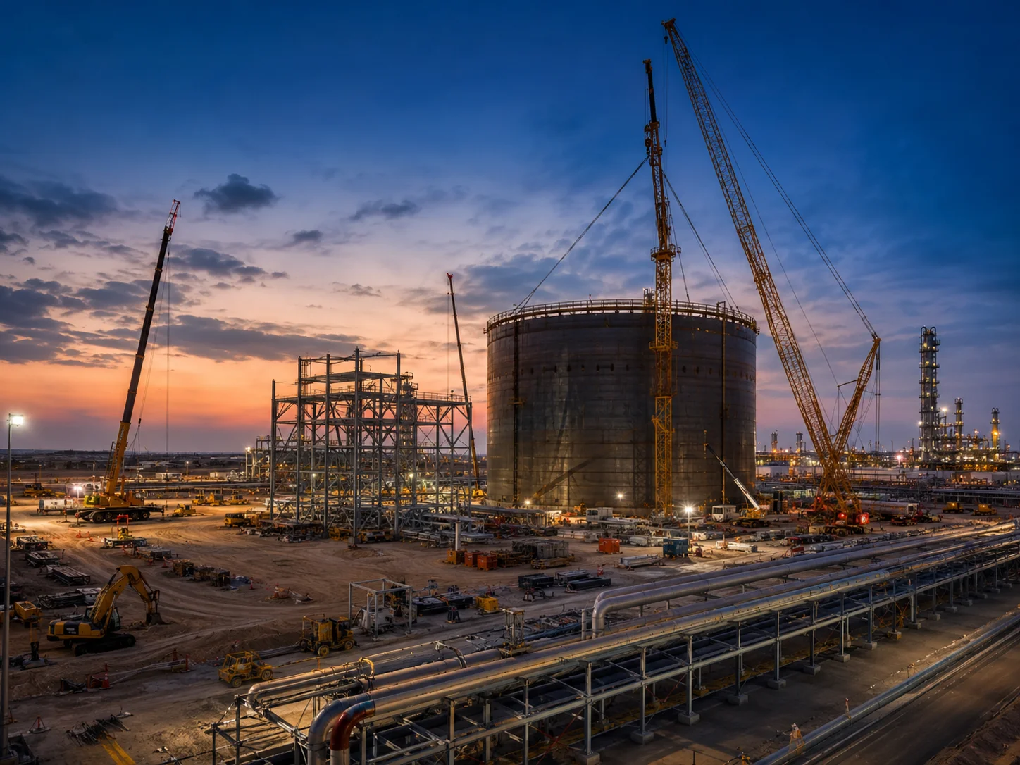 Greenfield EPC construction with a large steel storage tank and cranes
